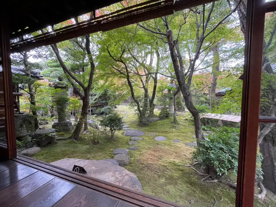 Japanese garden view from tea house in Kurashiki Japan